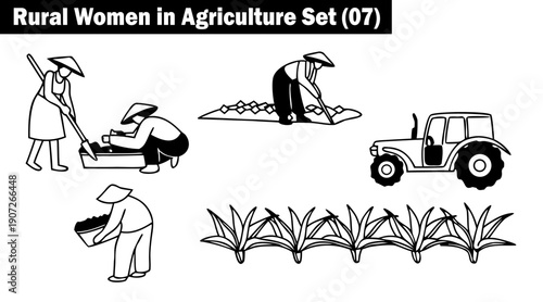 Rural women in agriculture set with people farming, tilling soil, planting crops, driving tractor and harvesting produce on farm fields vector illustration.
