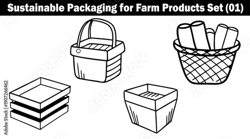 Sustainable packaging for farm products set, including hand-drawn wooden crate and wicker baskets on atransparent background for agriculture delivery branding or retail design use vector illustration.