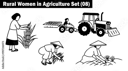Rural women in agriculture set showing farming tasks like planting, harvesting crops, driving a tractor and working with sugarcane plants vector illustration.