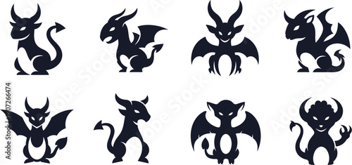 Assortment of Stylized Dark Silhouette Mythical Creatures with Wings Keywords: dragon, demon, gargoyle, mythical creature, fantasy, silhouette