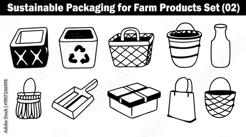 Eco friendly farm packaging icons set featuring paper bags glass bottles and recycling symbols for sustainable agriculture branding and organic product storage solutions design vector illustration.
