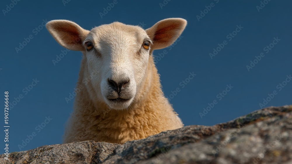 Obraz premium A curious sheep peers over a rocky ledge on a sunny day, its woolly face and alert ears standing out against the clear blue sky in a natural outdoor setting.