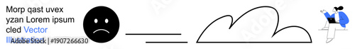 Emotional mood, weather forecast, mental health, emotional expression, life balance, human thoughts. A sad face, cloud and a sitting individual on the right. Emotional mood and mental health concept