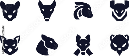 Collection of dark blue stylized animal head icons with varied styles Keywords: animal head, icon, logo, symbol, stylized, dark blue, vector