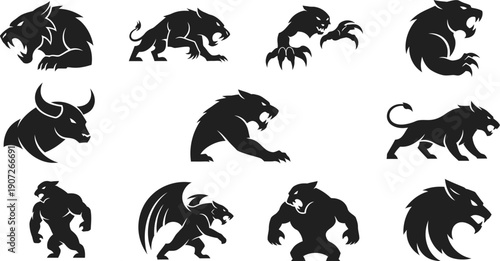 Collection Of Black Silhouettes Of Mythical Creatures And Animals In Action Poses