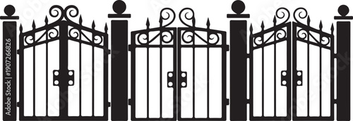 Black wrought iron gates with decorative scrollwork and finials black gate decorative gate
