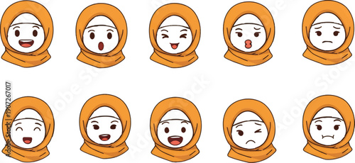 Charming vector cartoon characters in hijabs, showcasing diverse emotions and facial expressions through headshot icons, ideal for inclusive visual communication and representation