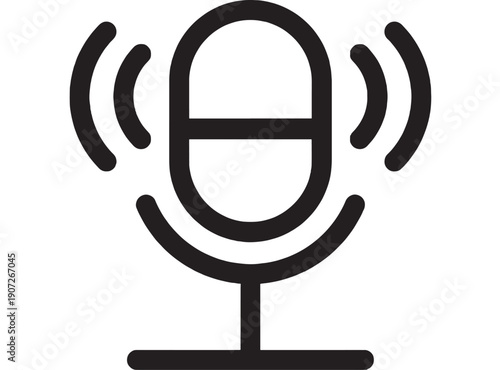 Microphone icon with sound waves in bold black outline, simple flat glyph symbol for voice recording, podcast, radio broadcast, audio message, isolated on white