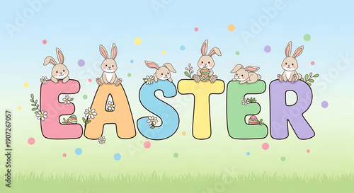 Colorful easter themed illustration with bunnies and letters on grass easter