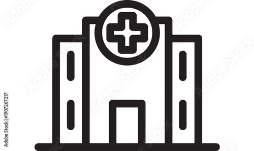 Hospital building icon with medical cross sign on facade, minimal black outline healthcare clinic symbol isolated on white background for web, app UI, emergency and medical services