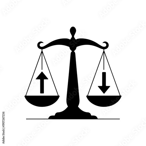 Minimalist vector illustration of scales of justice with upward and downward arrows; concept for financial stability, legal balance, market comparison, and value judgment.