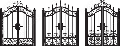Black wrought iron gates with decorative scrollwork and spikes black gate decorative gate