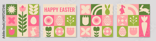 Abstract geometric cards set Happy Easter with a rabbit, eggs, carrots, flowers, and chicken.