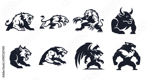 Collection of Eight Stylized Mythical and Animalistic Figures in Black Silhouette