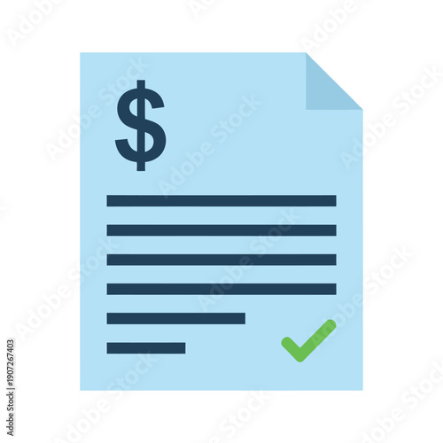 Light blue document with dollar sign and green checkmark paper bill invoice receipt d