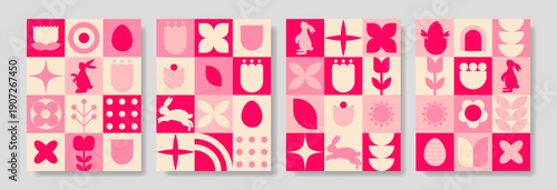 The set of Happy Easter geometric abstract posters in pink colors.