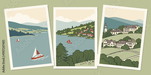 Lakeside & Countryside Village Postcard Set – Sailboats, Hillside Homes & Scenic Mountain Lake Illustrations in Pastel Travel Style, UK