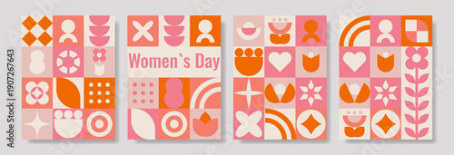 Set bright flyers for International Women's Day in pink and orange colors.