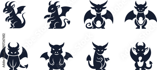 Collection of Stylized Dark Silhouette Dragons with Wings and Horns Keywords: dragon, fantasy, creature, mythical, silhouette, dark, black, icon