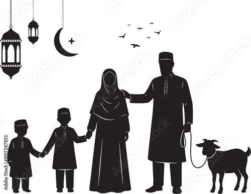 Silhouette illustration of a joyful Muslim family with children and a sacrificial goat, celebrating Eid al-Adha, adorned with traditional Islamic lanterns and celestial symbols