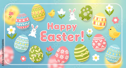 Colorful easter eggs and bunnies on a festive blue background with happy easter text, a fun holiday greeting card or banner easter
