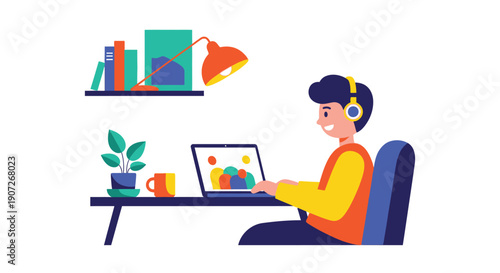 A young man works on a laptop with headphones in a colorful workspace