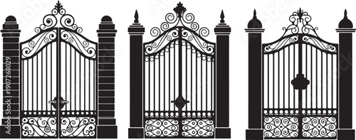Black wrought iron gates with ornate and pillars ornate gate black gate ironwork gate decorative gate