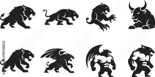 Eight Black Silhouette Illustrations of Powerful Big Cats and a Bull in Dynamic Poses