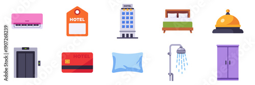 Set of hotel room and service icons, key card, bed, pillow, elevator, air conditioner, shower, do not disturb tag, reception bell, wardrobe, colorful vector flat illustrations