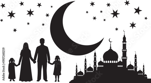 Family silhouette with mosque, crescent moon, and stars, illustrating religious celebration, unity, and hope under a peaceful night sky