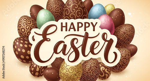 Easter greeting with chocolate eggs and decorative easter eggs on a warm background with happy easter text easter