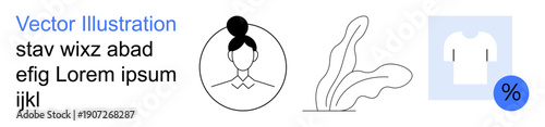 E-commerce, branding, fashion discount, identity design, minimalism, advertising. Woman profile outline, organic leaf T-shirt discount symbol. E-commerce and branding concepts