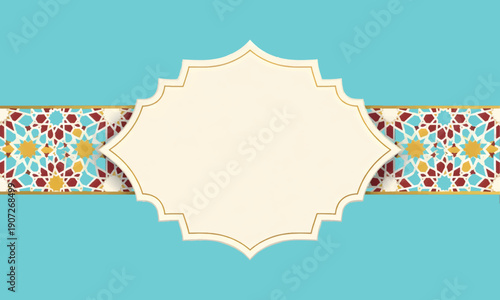 Ornate frame with intricate geometric patterns in a vibrant cultural design, set against a serene blue backdrop, ideal for invitations or festive announcements