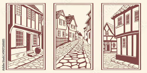 Sepia European Village Triptych Wall Art – Cobblestone Street & Timber‑Framed Houses Illustration | Vintage Old‑World Architecture Decor, UK