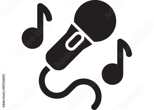 Microphone dynamic with music notes, black silhouette, simple design, audio recording, podcasting, live performance, music festival featuring sound, event, entertainment with singing and voice
