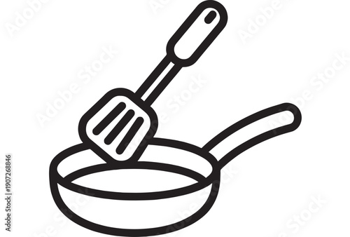 Frying pan icon with spatula resting inside, bold black outline kitchen cookware symbol, minimal line art vector for cooking apps, restaurant menus, and UI design