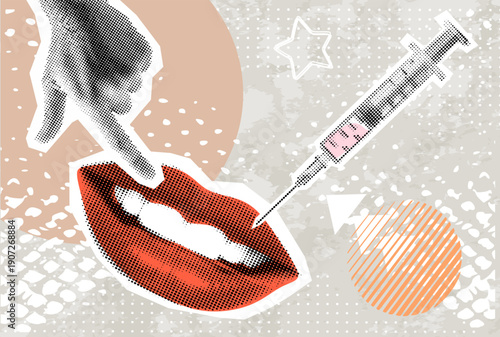 Trendy Halftone Collage lips and syringe, filters. Beauty surgery concept. Female lips. 
