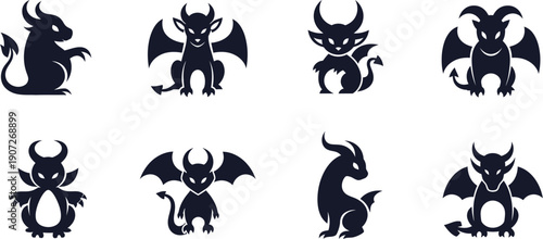 Group of Eight Black Silhouette Illustrations of Mythical Dragon Creatures in Various Poses