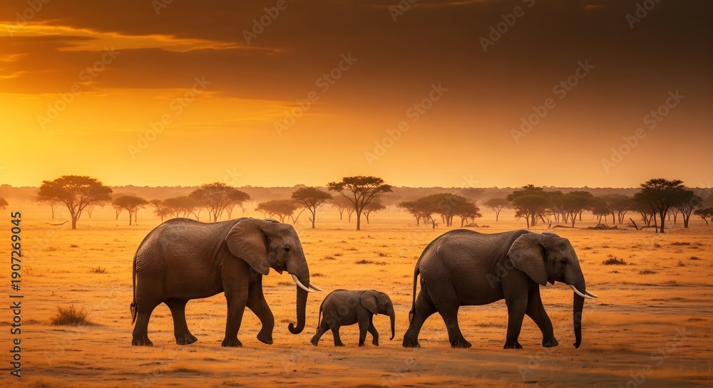 Fototapeta premium Family of Elephants Migrating Across African Savannah During Golden Hour Sunset