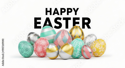 Colorful easter eggs with happy easter text on isolated for holiday greeting or celebration easter