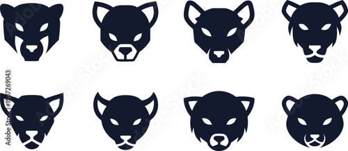 Group of Stylized Dark Silhouette Animal Faces with Sharp Features Keywords: wolf, dog, fox, coyote, animal, face, head, silhouette, dark, black