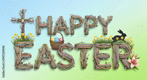Happy easter greeting with decorative text and symbols on colorful gradient background easter