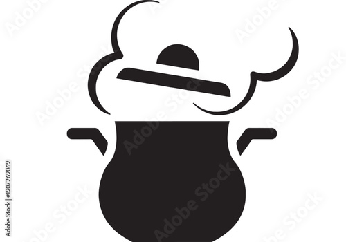 Pot cooking icon with steam cloud and lid silhouette, minimal black glyph pictogram for kitchen, boiling soup, food preparation symbol isolated on white background