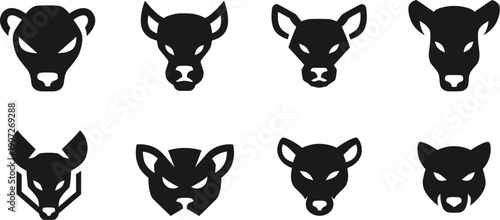 Set of Eight Black Silhouette Icons of Fierce Animal Faces with Glowing Eyes head