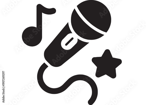 Microphone karaoke icon with musical note and star, black solid glyph pictogram for singing, performance, podcast, audio recording, stage event, isolated vector
