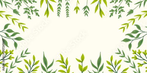 Frame of green leaves. Freehand vector illustration. Botanic design for postcard or banner.	