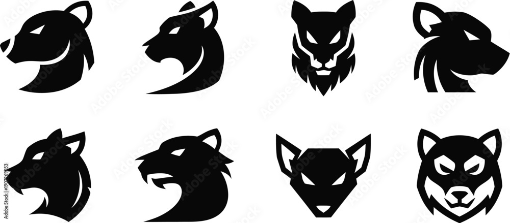 Obraz premium Set of Eight Stylized Animal Head Silhouettes in Profile and Front View wolf panther