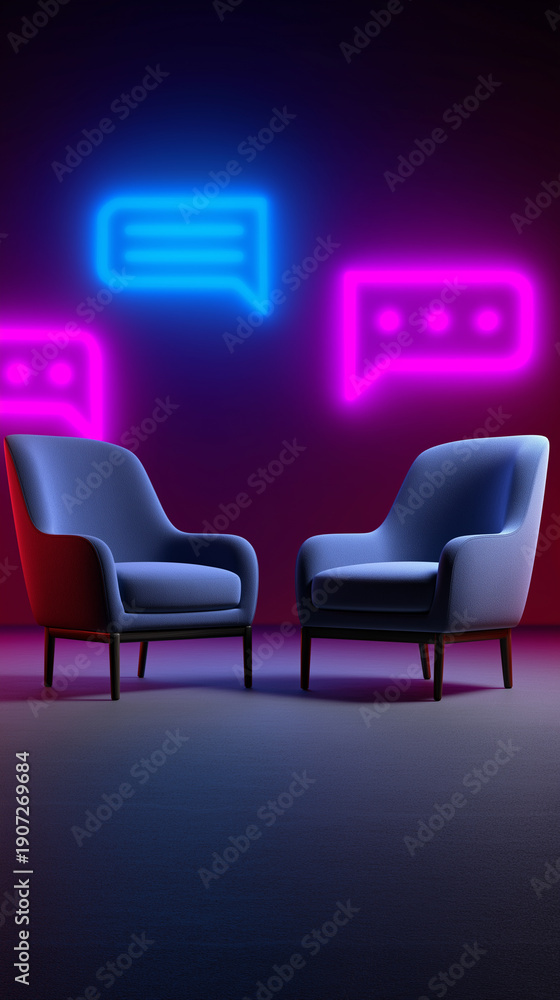 Obraz premium Modern armchairs facing each other with neon speech bubbles symbolizing communication and conversation. 