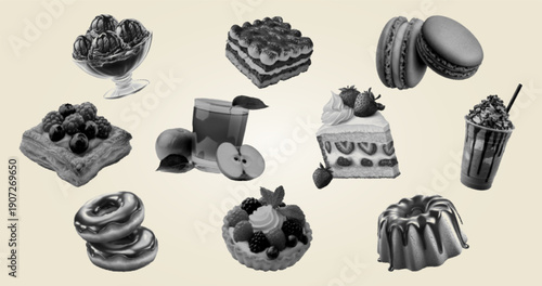 Vintage halftone dessert collage set with cakes, donuts, macarons, pastries and sweets, monochrome retro vector illustration for bakery branding, packaging, menus, posters and food design