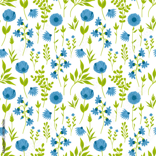 Floral cute seamless pattern with hand drawn beautiful flowers, leaves and herb. Spring and summer trendy background. Abstract modern print. Vector flat illustration.
